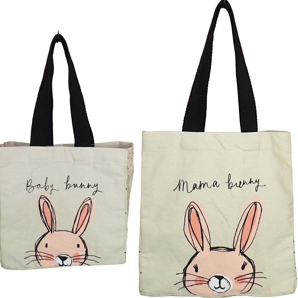 Canvas Bunny Face Mama & Baby Bunny Tote Bag Set
